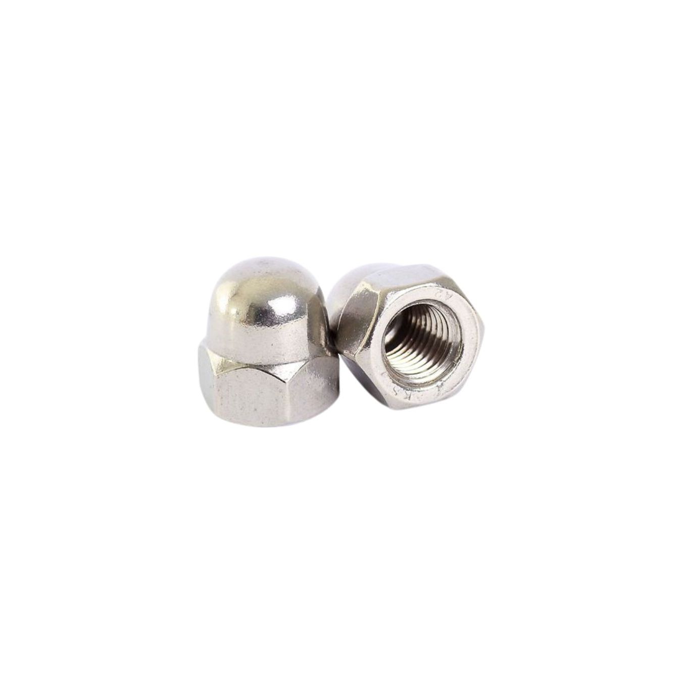 two metal dome nuts on a white background
