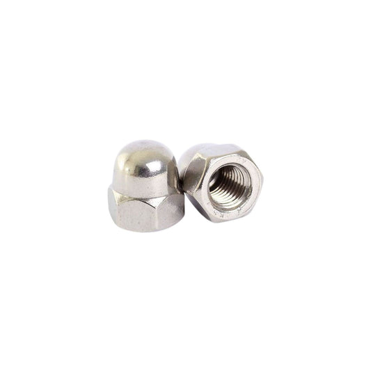 two metal dome nuts on a white background
