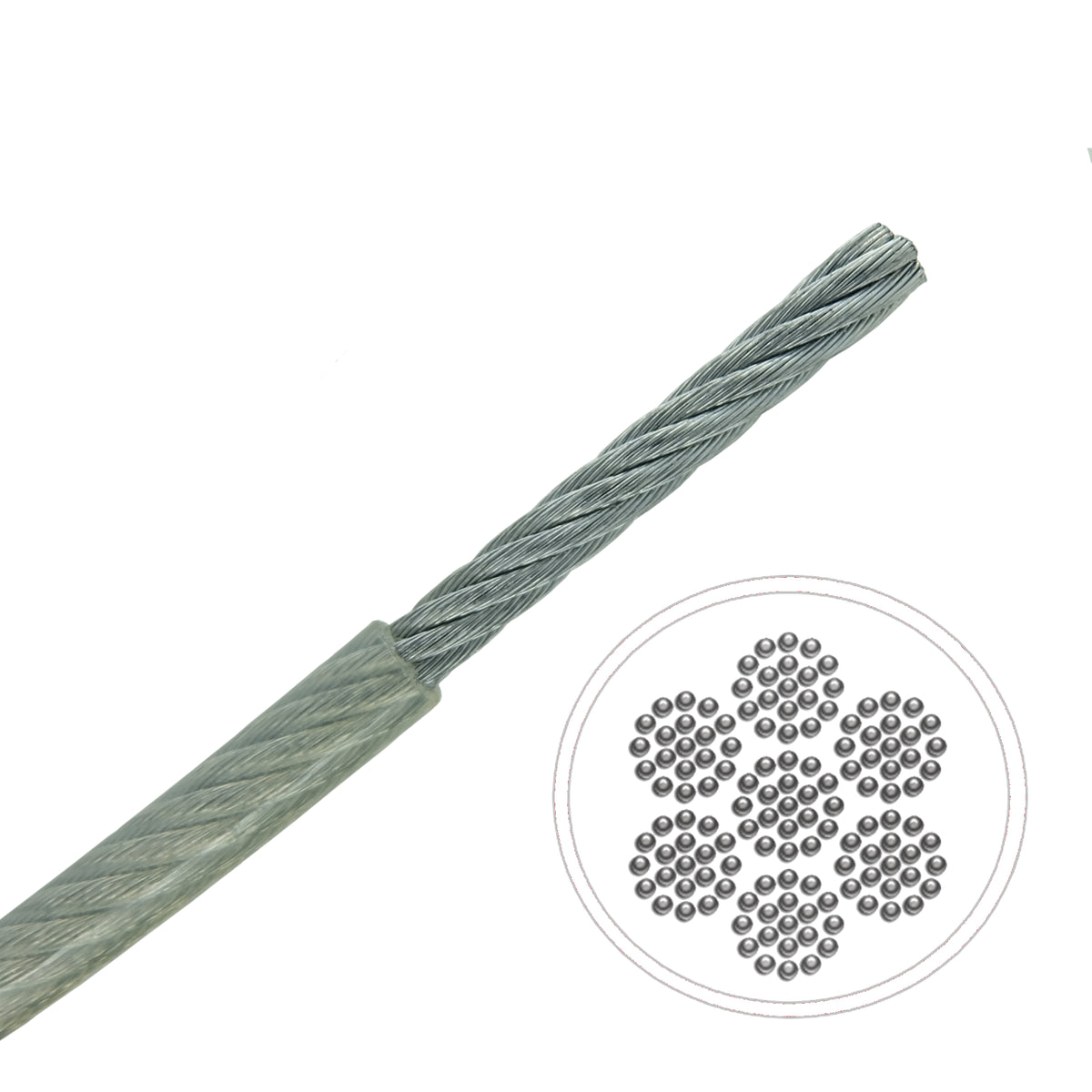 Photo of a stainless steel clear coated cable showing the construction of cable on white background. 