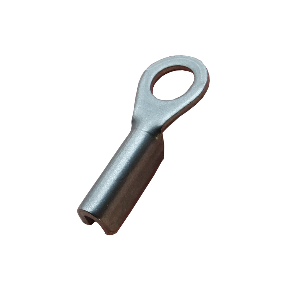 Photo of a singular stainless steel eye terminal on a white background. 