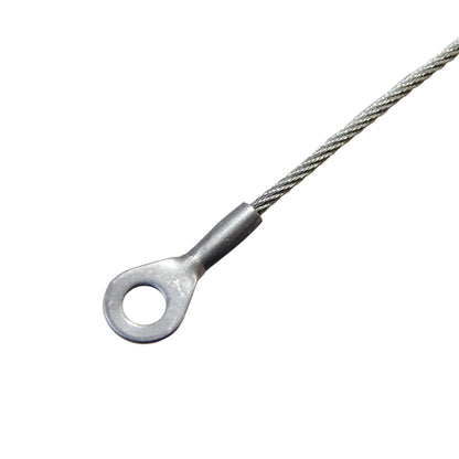 Photo of a stainless steel eye terminal fitted onto a cable on a white background.