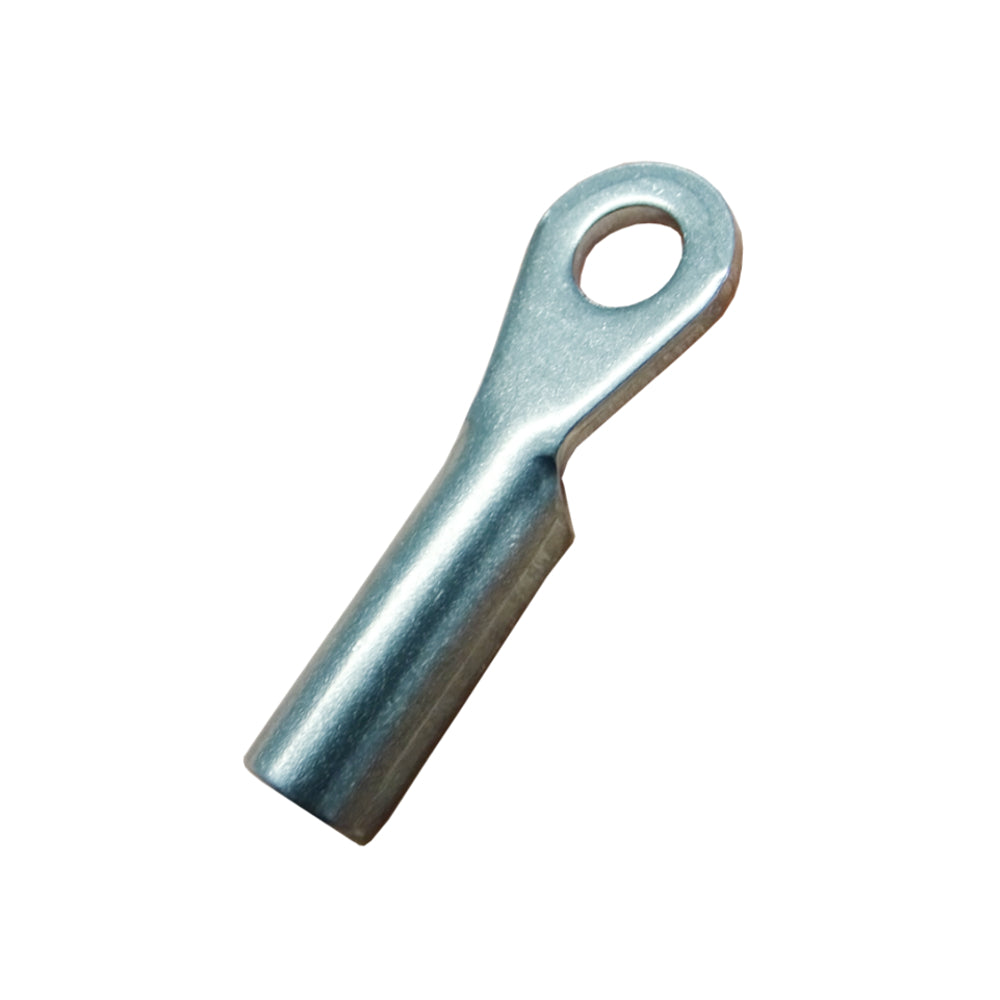 Photo of a stainless steel eye terminal showing one side of the eye terminal on a white background. 