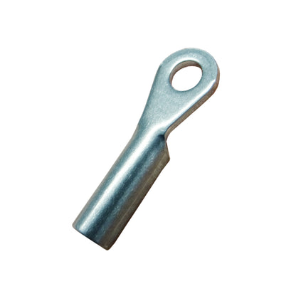 Photo of a stainless steel eye terminal showing one side of the eye terminal on a white background. 