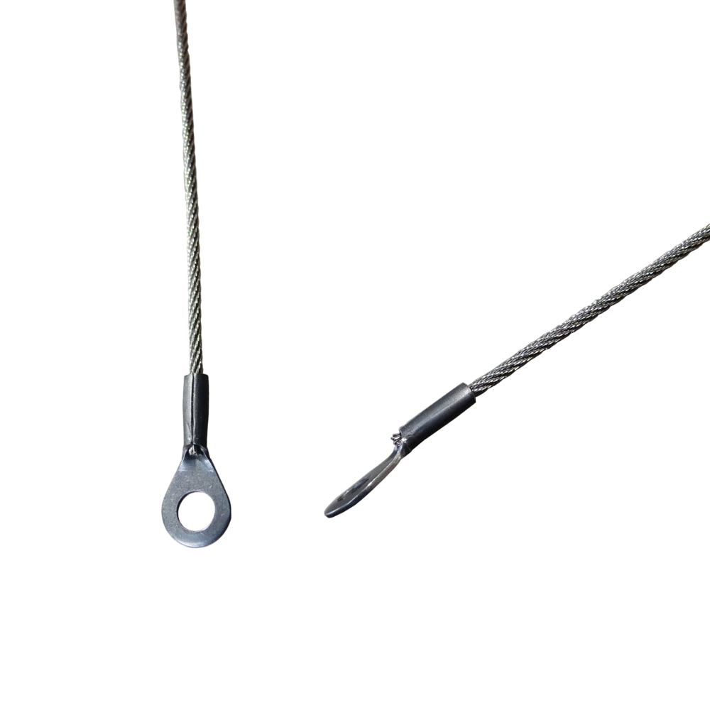Photo of a couple stainless steel eye terminals fitted onto cables showing different views of the eye terminal on white background. 