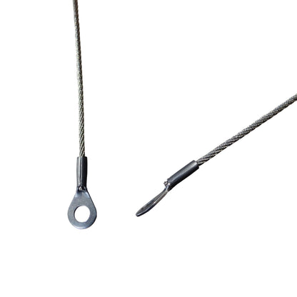 Photo of a couple stainless steel eye terminals fitted onto cables showing different views of the eye terminal on white background. 