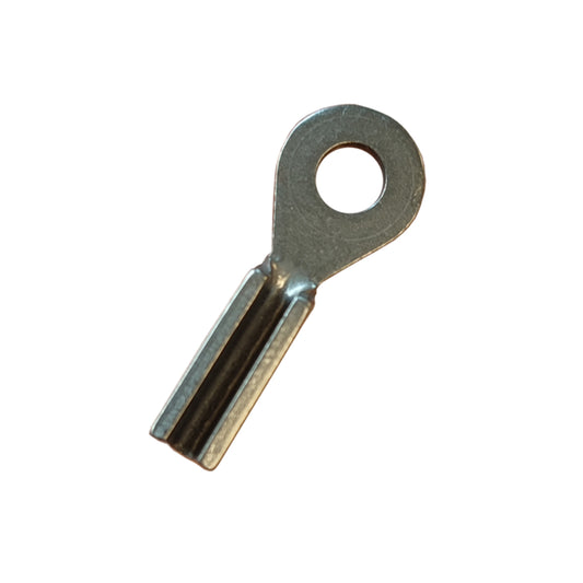 Different view of a stainless steel eye terminal on a white background showing where wire can be used within. 