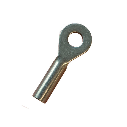 Photo of a stainless steel eye terminal on a white background showing different angle.