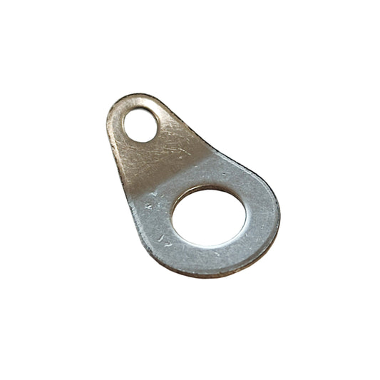 Photo of a singular stainless steel lanyard tab showing the different sized holes on a white backround.