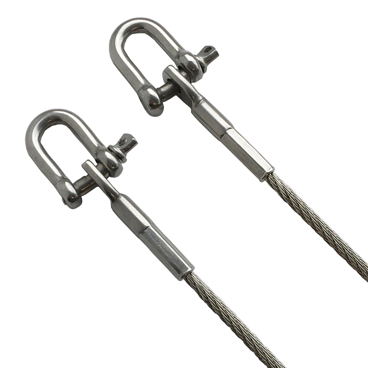 Photo of two stainless steel mini eye terminals on white background showing components 