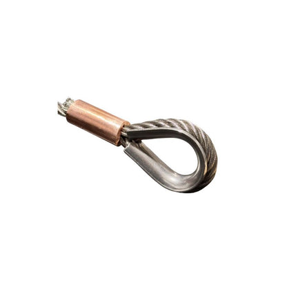 Stainless Wire rope assembly with thimble eye and copper ferrule on a white background
