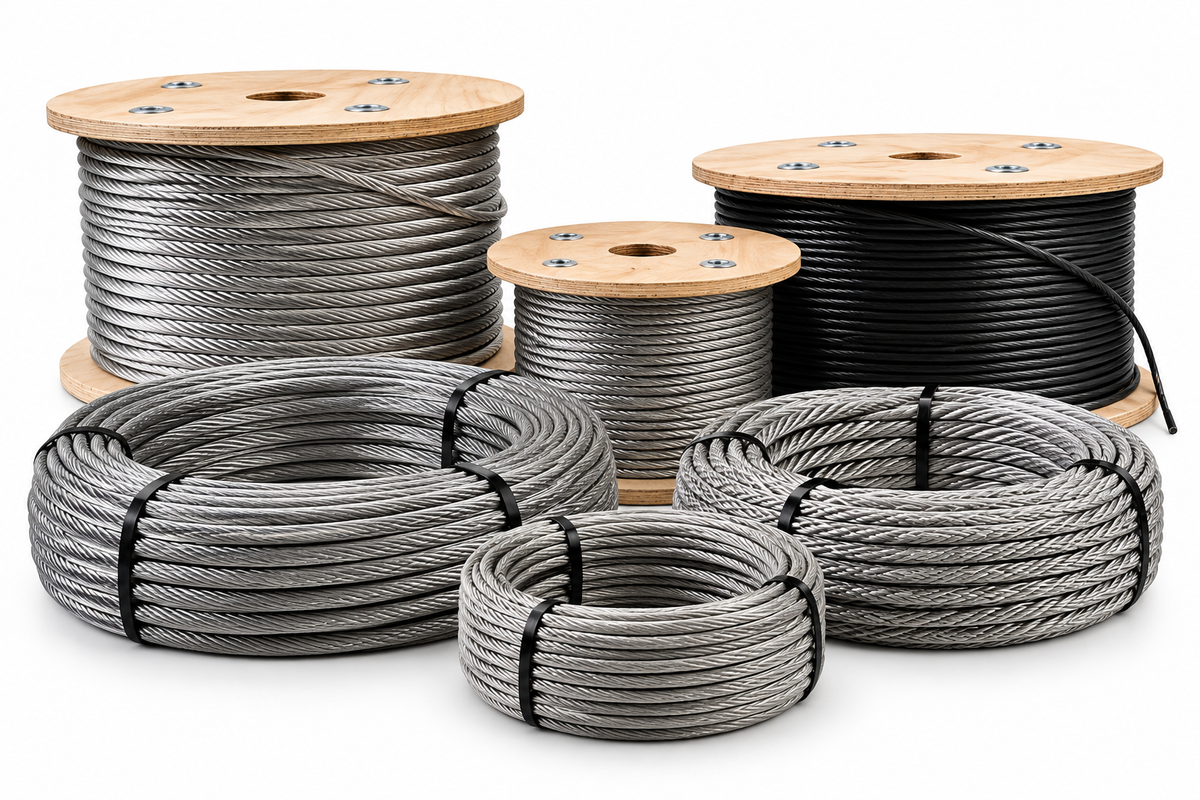 Group of different sized wire cable and wire rope on different sized reels with different fixations. 