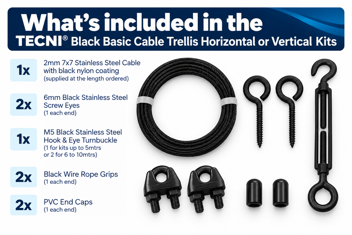 Photo showing the different components in a TECNI Black trellis kit and the quantites on w hite background 