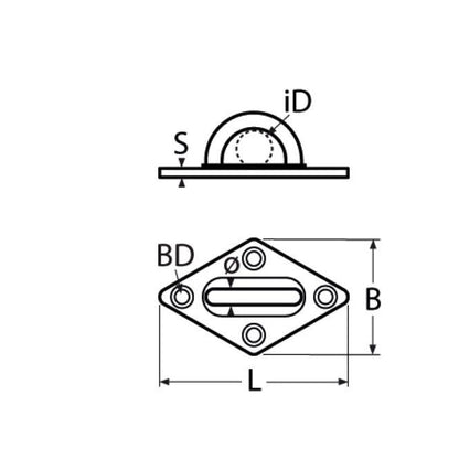 Technical drawing of a diamond eye plate with labeled dimensions on a white background