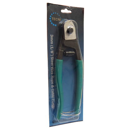 Photo showing the TECNI cable cutters in packaging with details of the sizing on a white background. 
