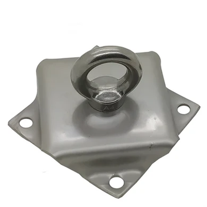 Photo of a singular catenary eye plate from TECNI on white backgrounfd showing different anchor points and loop. 