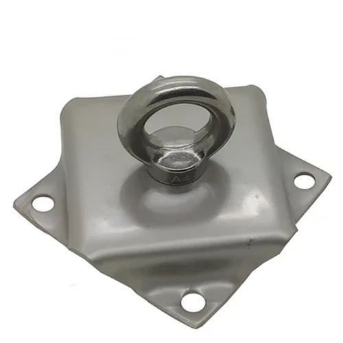 Photo of a singular catenary eye plate from TECNI on white backgrounfd showing different anchor points and loop. 