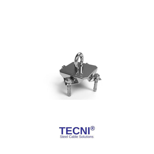 TECNI Catenary Stainless Wall Plate with anchor bolts on a white background with purple TECNI Logo