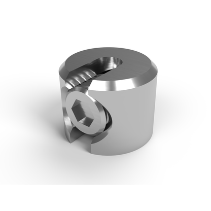 Metallic circular C shaped clip with a hex screw on a white background. TECNI 351.710