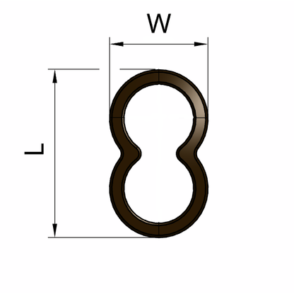 Figrue of 8 shaped copper fitting to create loops in cables on a white background with dimensional information 115.000.