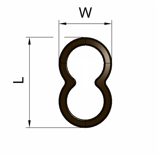 Figrue of 8 shaped copper fitting to create loops in cables on a white background with dimensional information 115.000.