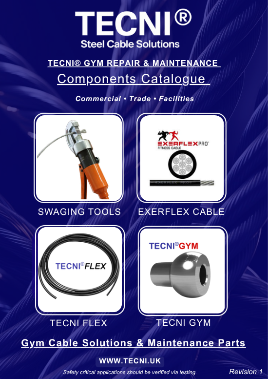 Front page of the tecni gym catalogue showing tools fittings and cable 