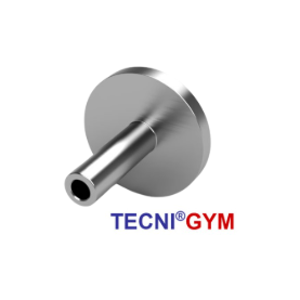 Photo of a stainless steel disc end stop terminal from TECNI Gym with wording detailing the brand. 