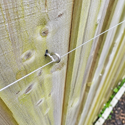 Close up of a trellis eye holding cable in place in a trellis assembly on a weathered fence. 