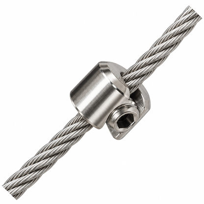 Photo of a stainless steel stop fitting on a wire showing how it connects. On a white background