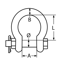 Technical drawing of a stainless steel bow shackle with information on dimensions on white background