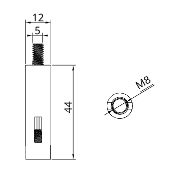 Technical drawing of female V glider with locking cap TG2.5 with dimensions on white background. 