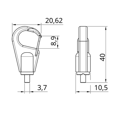 Technical drawing with dimensions of gripper TG1.5 hook glider on white background. 