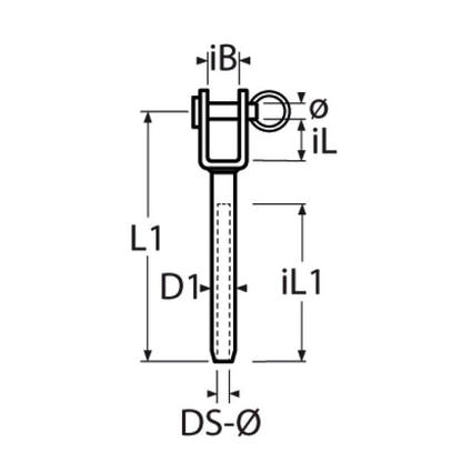 Technical drawing with dimensions of stainless steel swage jaw terminal on white background. 