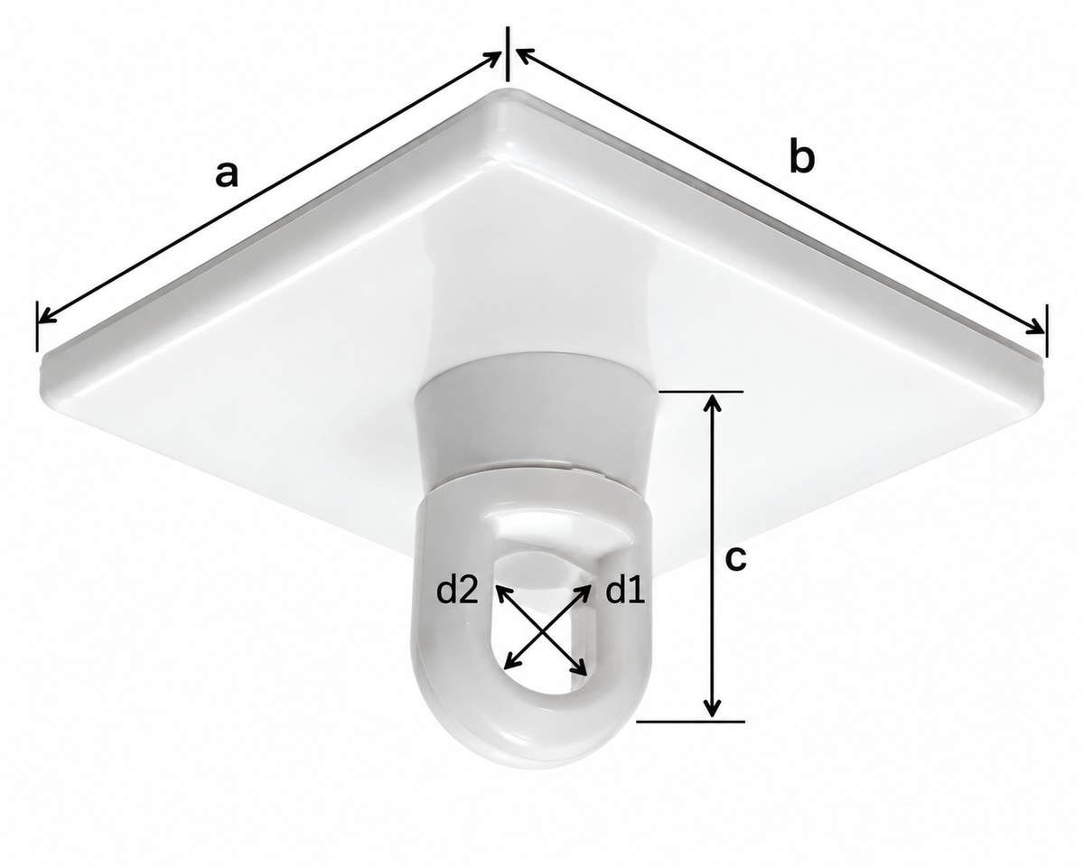 Dimension photo of a white ceiling hook on a white background