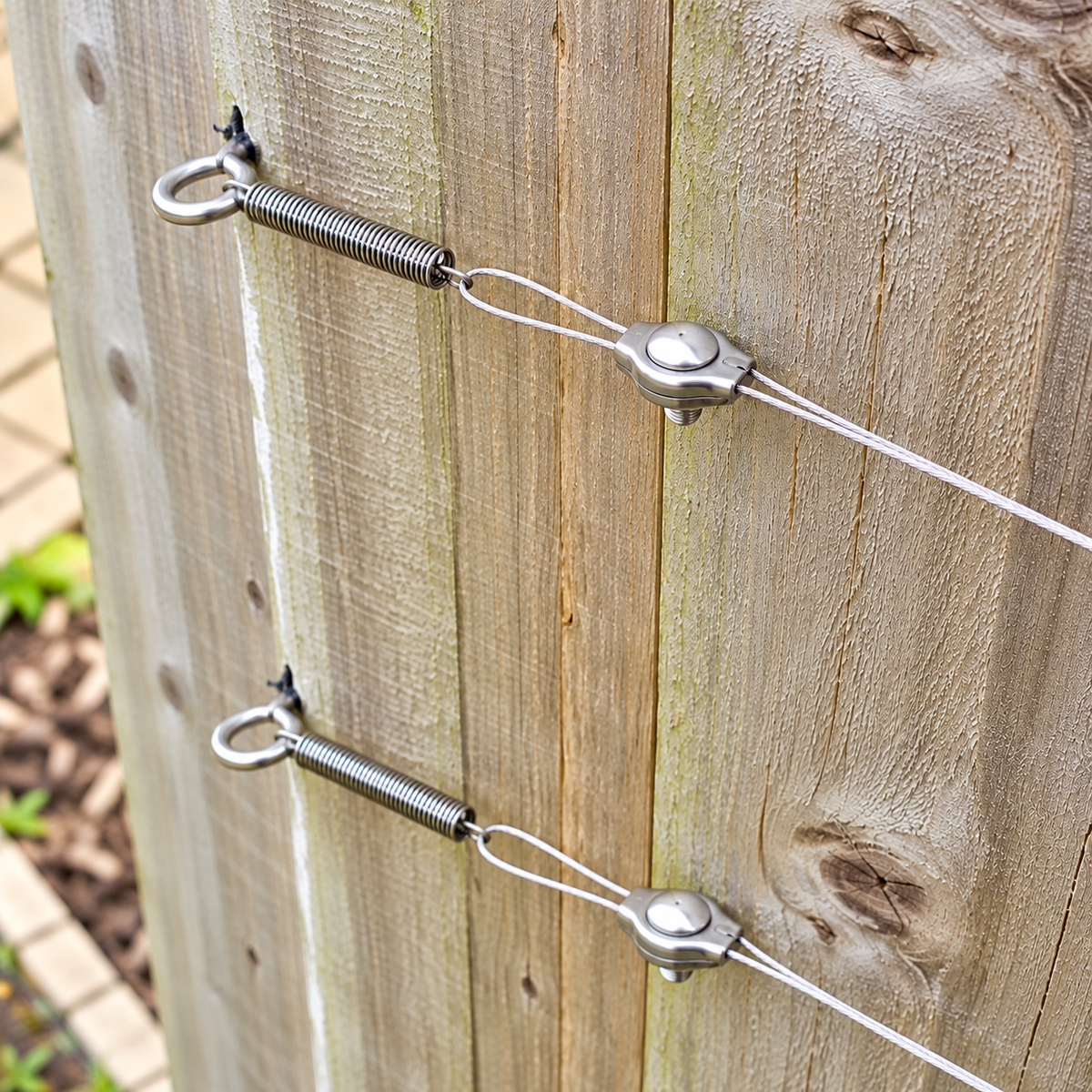 Photo of an assembled trellis kit on wooden fence showing the tension springs assembled with other components holding wire. 