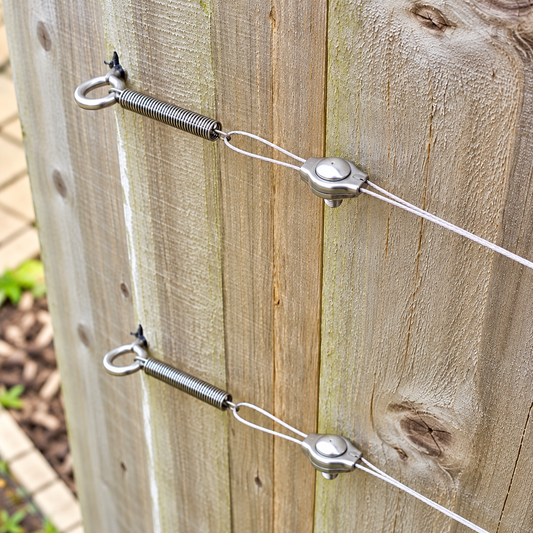 Photo of an assembled trellis kit on wooden fence showing the tension springs assembled with other components holding wire. 