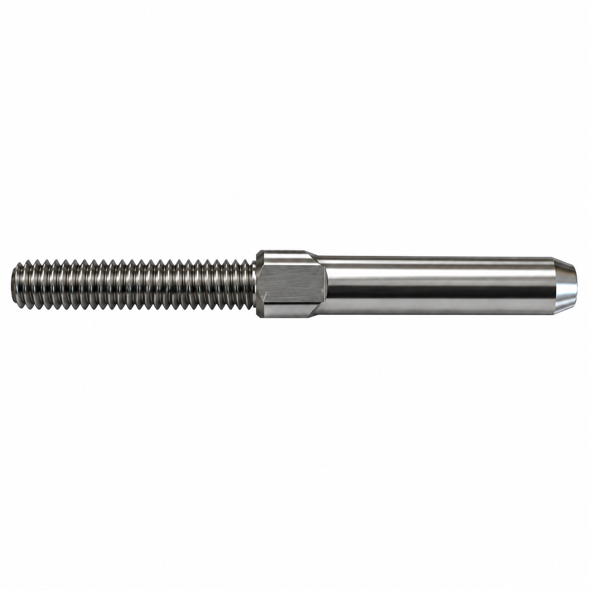 High definition photo of a threaded hex collar shaft on a white background. 