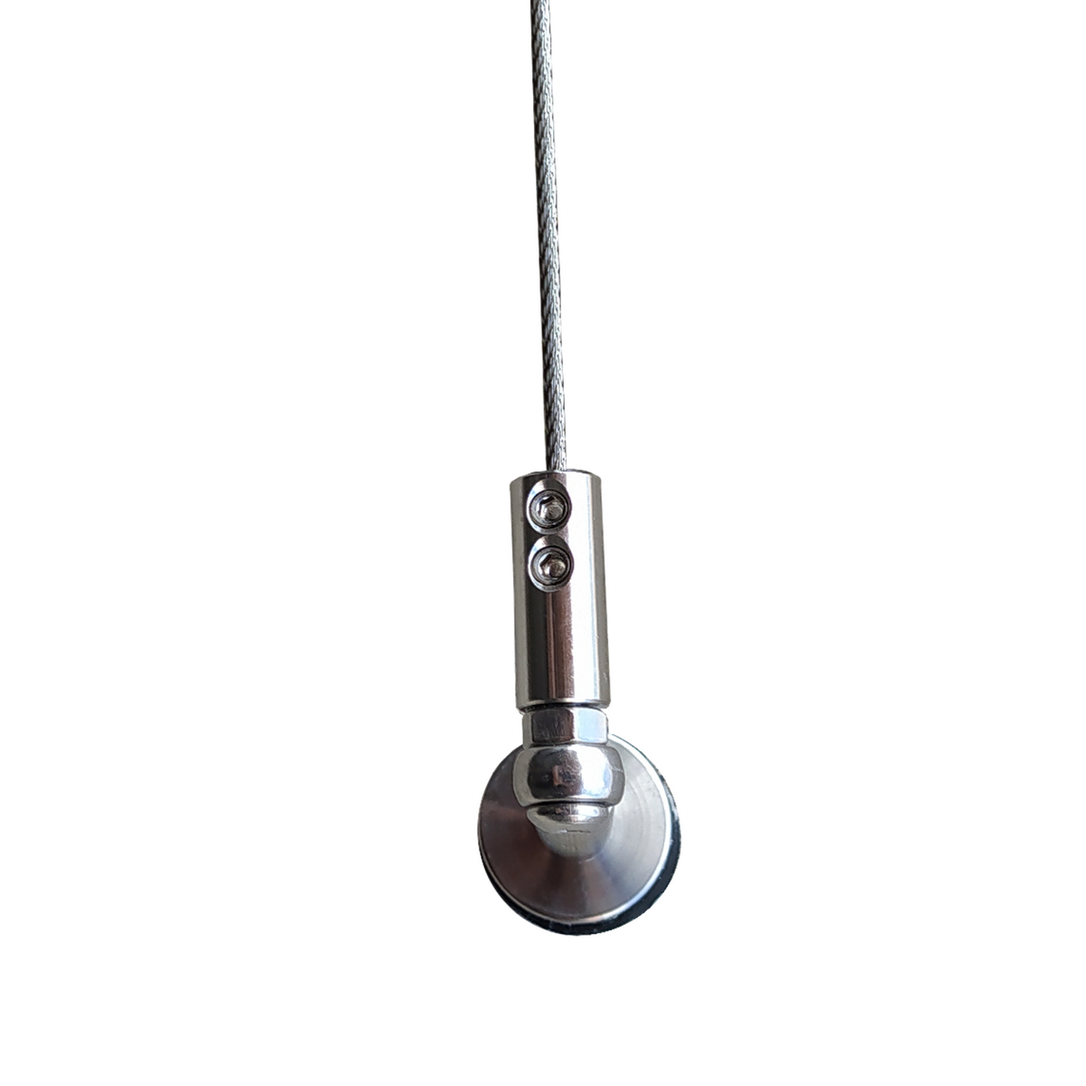 Photo of a component included in TECNI trellis cable rod mini kit on white background showing connection to wall and connected to cable vertical