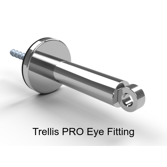 Photo of a trellis pro eye fitting stainless steel with description on a white background. 