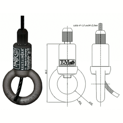Photo of a singular type 50 eye gripper next to a technical drawing with dimensions on white background. 