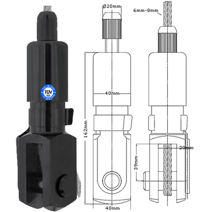 Photo of a type 80 gripper jaw next to a technical drawing with dimensions on a white background. 