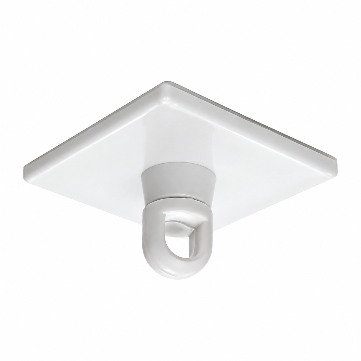 Photo of a singular white hook on the ceiling with adhesive on a white background