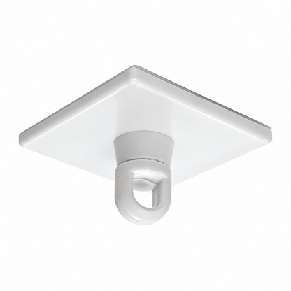 Photo of a singular white hook on the ceiling with adhesive on a white background