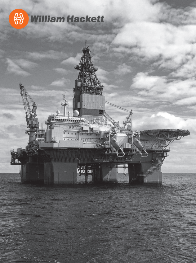 Photo of a rig in the sea for the front cover of william hackett catalogue brochure
