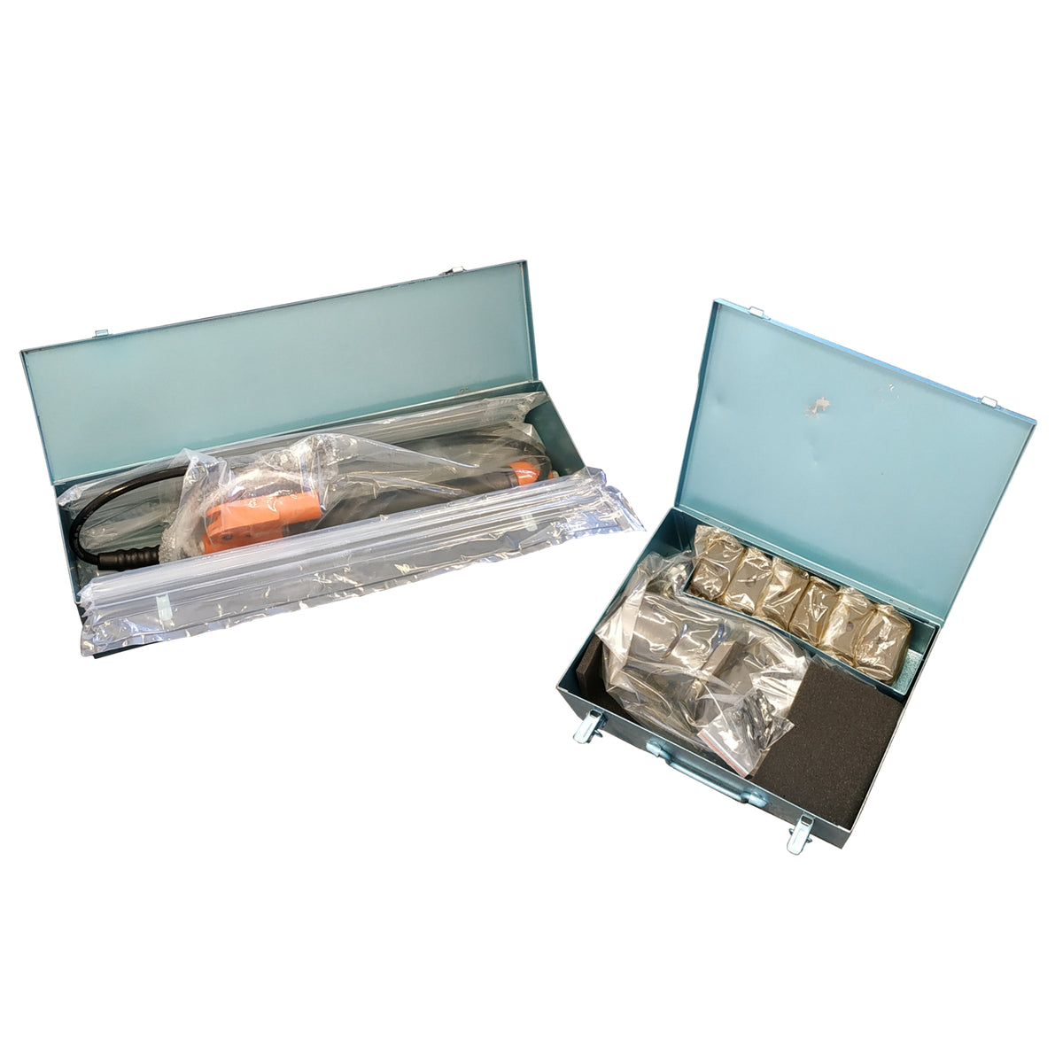 Photo of the boxed up TECNI YCF 630 in blue boxes all packaged on white background showing contents of both bozxes.