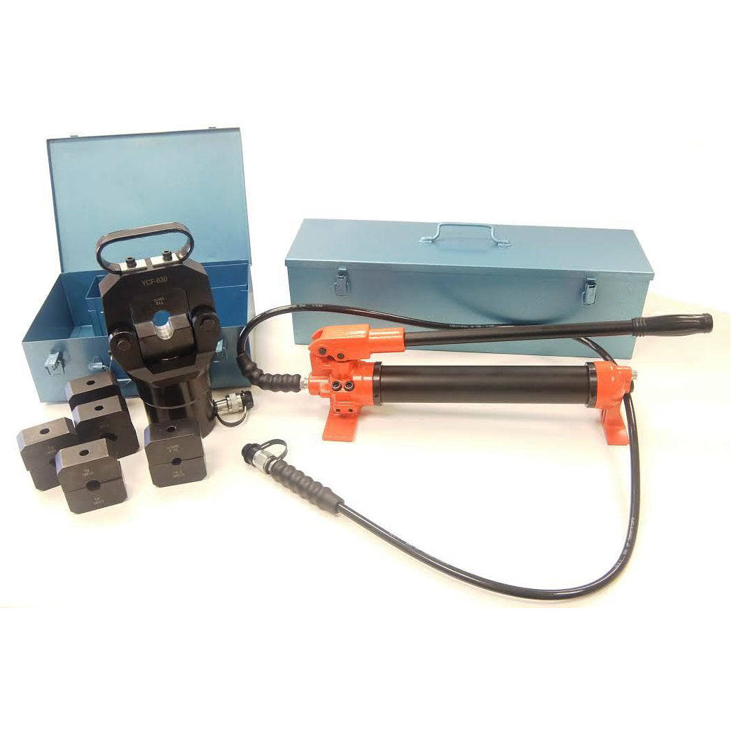 Photo of a YCF 630 hydraulic tool with case showing the die sets on a white background. 