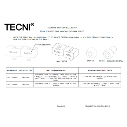 Datasheet showing ball die set information including product codes and fitting codes with product drawings and specifications. 