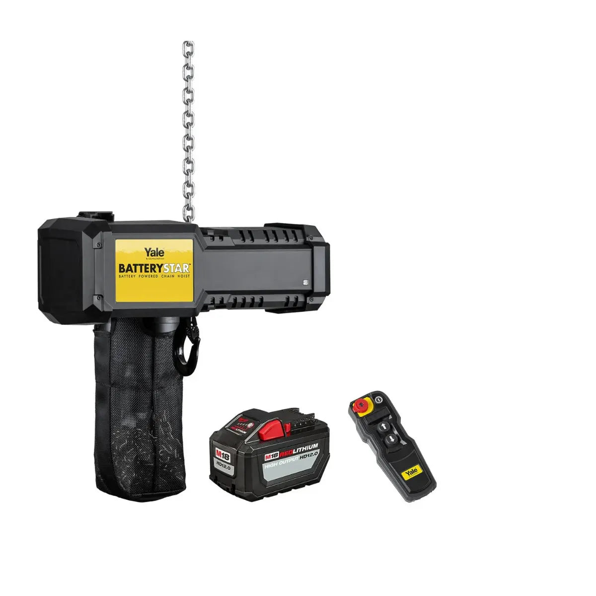 Photo of a yale battery operated chain hoist on a white background. 