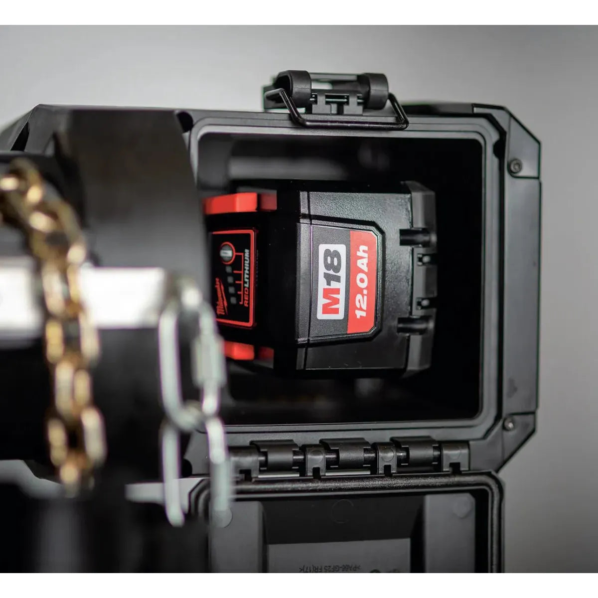 Close up photo of battery for Yale BatteryStar battery powered chain hoist in box. 