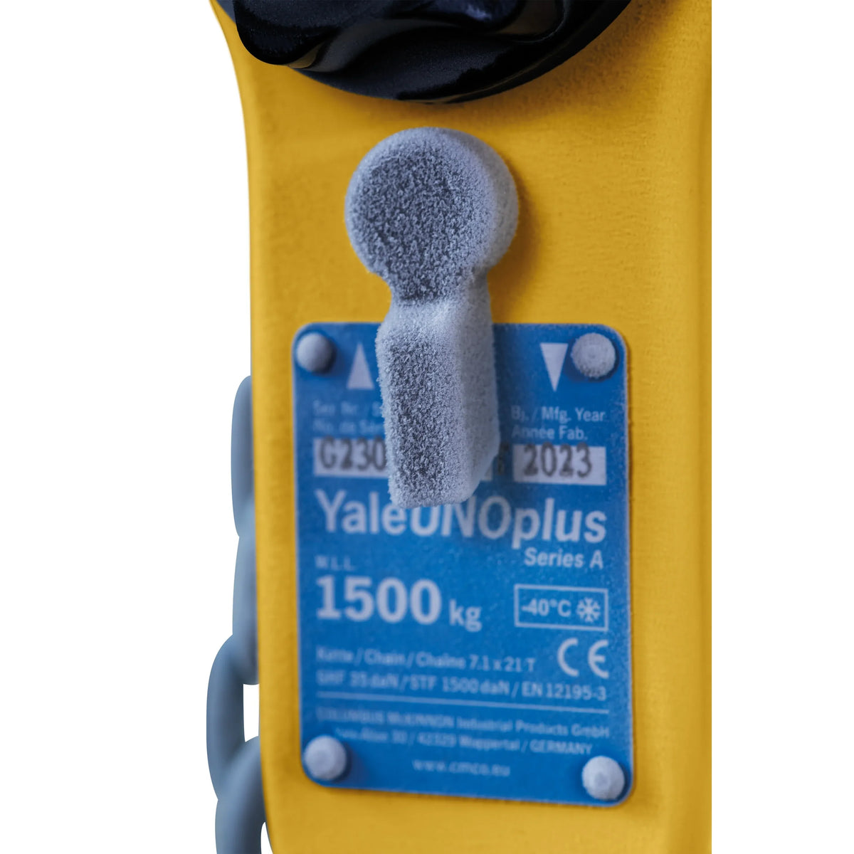 Close up photo of the Yale UNOplus series A ratchet lever hoist on white background showing WLL.