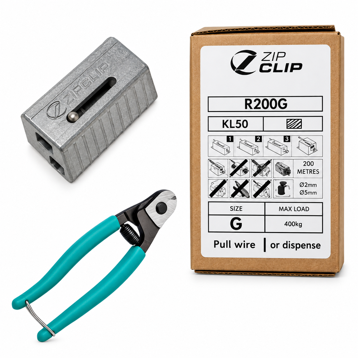 A photo showing a Kwik-Lok along with a box showing the contents including the wire. Along with a photo of cutters on a white background. 